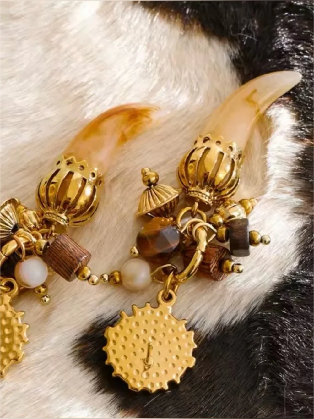 Vintage Gold Drop Earrings with Brown and Cream Accents